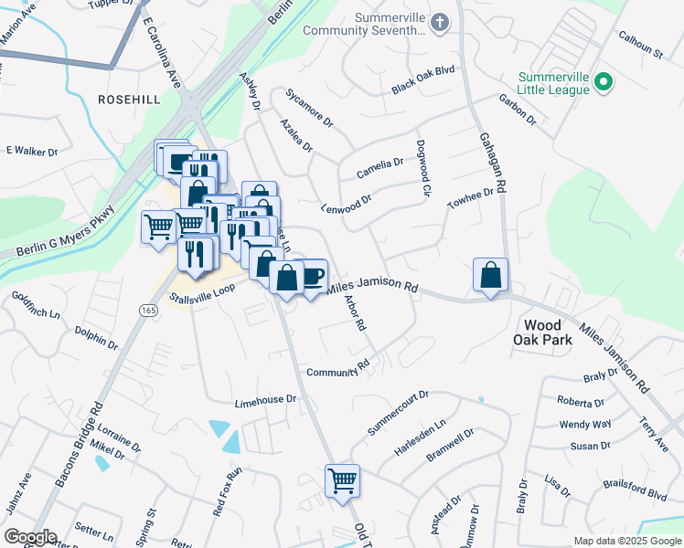 map of restaurants, bars, coffee shops, grocery stores, and more near 125 Arbor Road in Summerville