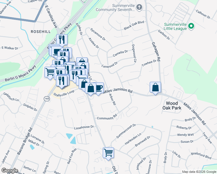 map of restaurants, bars, coffee shops, grocery stores, and more near 121 Arbor Road in Summerville