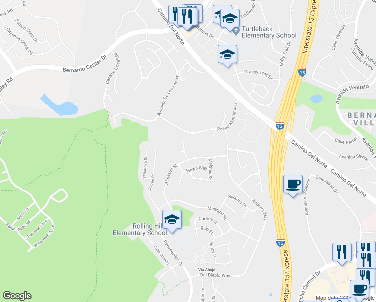 map of restaurants, bars, coffee shops, grocery stores, and more near 15615 Paymogo Street in San Diego