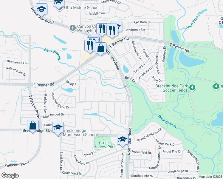 map of restaurants, bars, coffee shops, grocery stores, and more near 4000 East Renner Road in Richardson