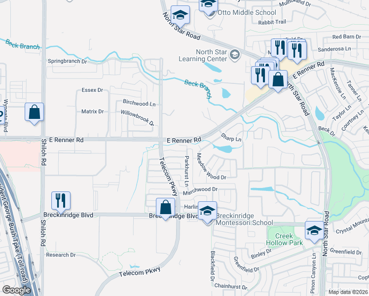 map of restaurants, bars, coffee shops, grocery stores, and more near 3316 Parkhurst Lane in Richardson