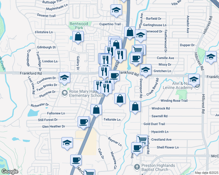 map of restaurants, bars, coffee shops, grocery stores, and more near 17960 Preston Road in Dallas