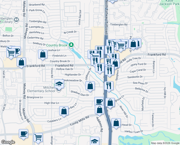 map of restaurants, bars, coffee shops, grocery stores, and more near 4456 Highlander Drive in Dallas