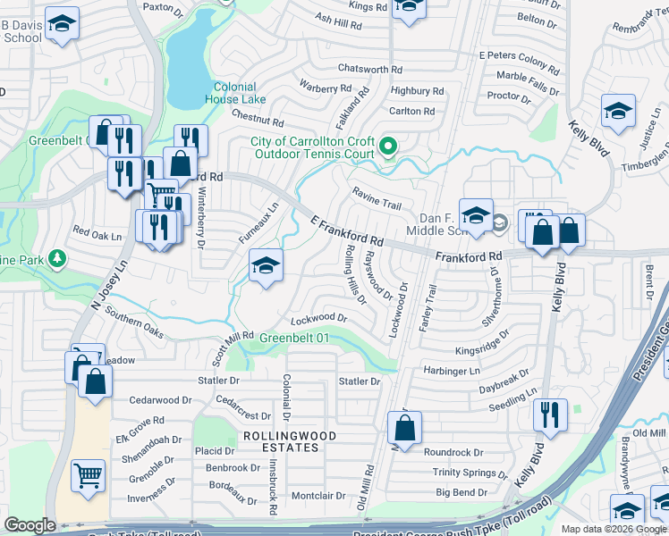 map of restaurants, bars, coffee shops, grocery stores, and more near 2948 Scott Mill Road in Carrollton