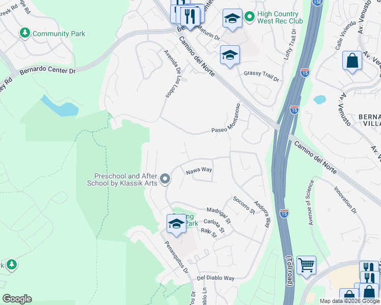 map of restaurants, bars, coffee shops, grocery stores, and more near 15615 Paymogo Street in San Diego