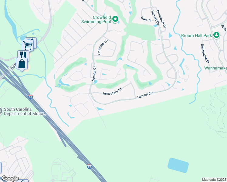 map of restaurants, bars, coffee shops, grocery stores, and more near 121 Jamesford Street in Goose Creek