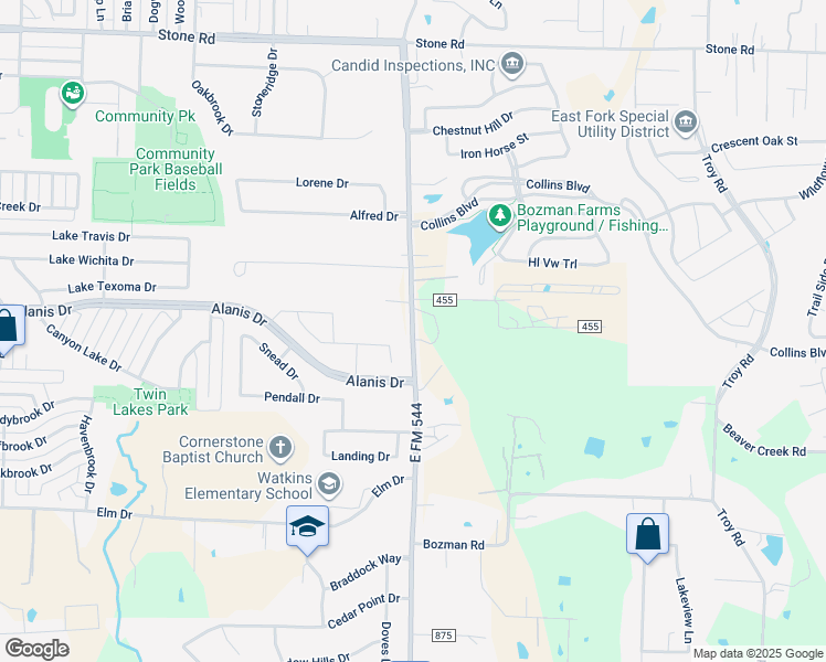 map of restaurants, bars, coffee shops, grocery stores, and more near 1340 East FM 544 in Wylie