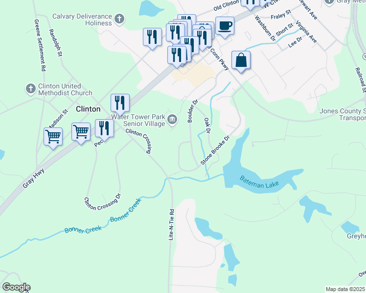 map of restaurants, bars, coffee shops, grocery stores, and more near 250 Stone Brooke Drive in Gray