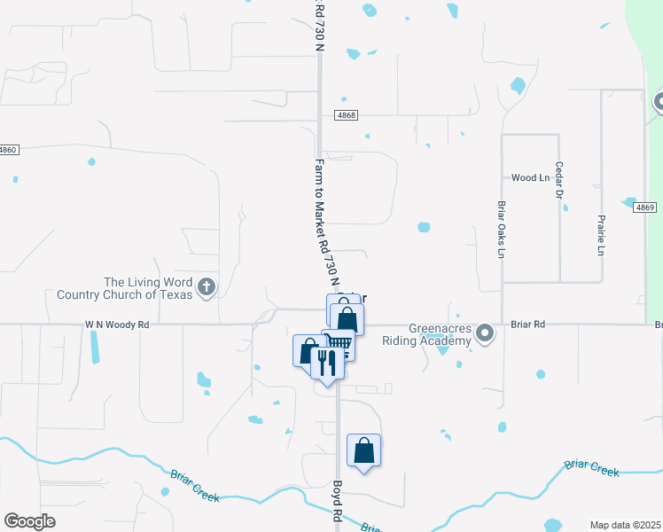 map of restaurants, bars, coffee shops, grocery stores, and more near 94 Farm to Market Road 730 North in Azle