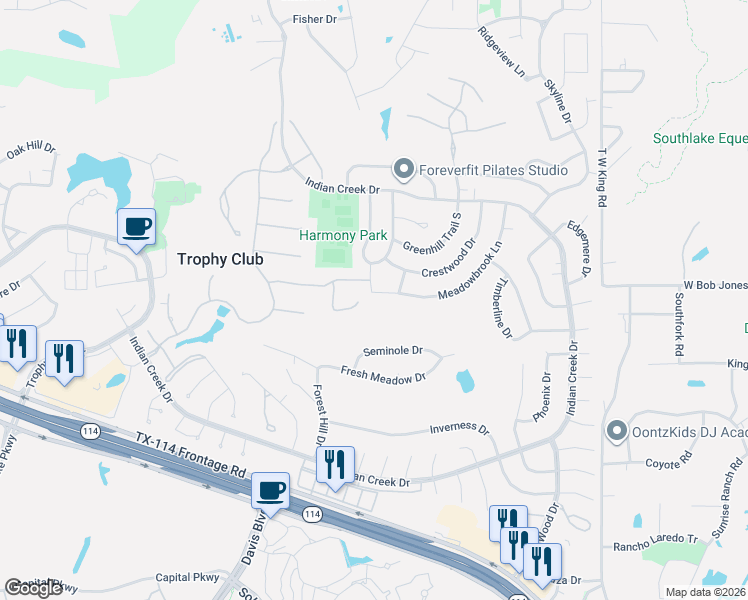 map of restaurants, bars, coffee shops, grocery stores, and more near 32 Katie Lane in Trophy Club