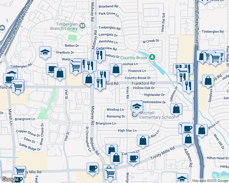 map of restaurants, bars, coffee shops, grocery stores, and more near 18179 Whispering Gables Lane in Dallas