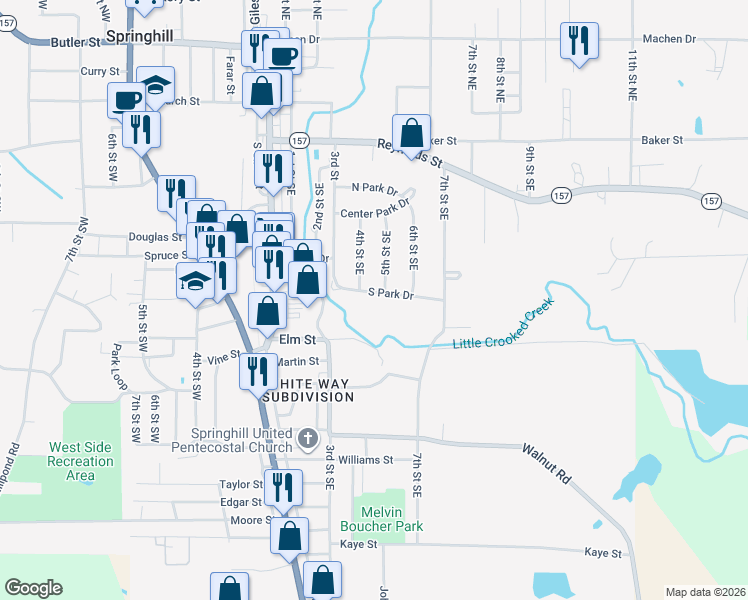 map of restaurants, bars, coffee shops, grocery stores, and more near 302 South Park Drive in Springhill