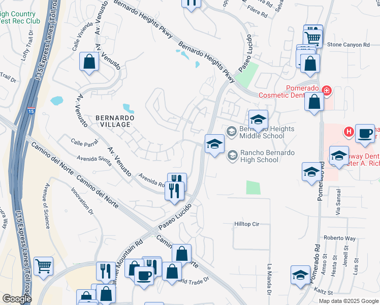 map of restaurants, bars, coffee shops, grocery stores, and more near 15462 Avenida Rorras in San Diego