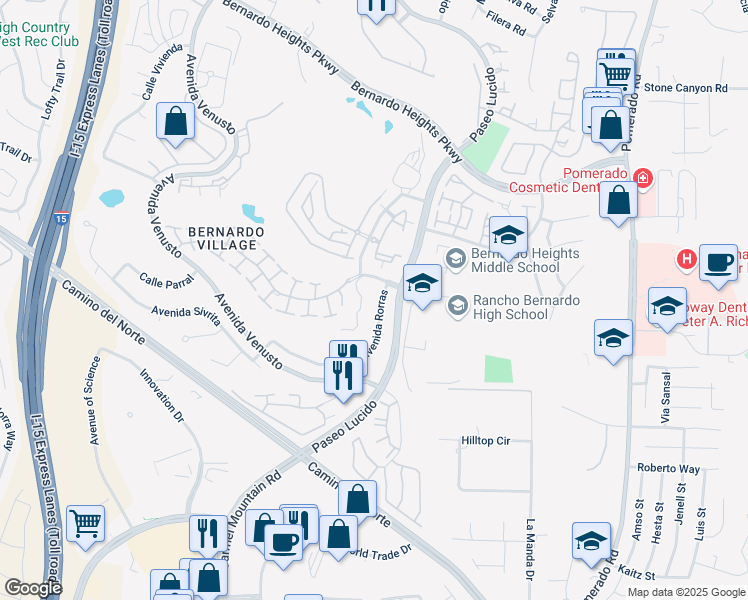 map of restaurants, bars, coffee shops, grocery stores, and more near 15462 Avenida Rorras in San Diego