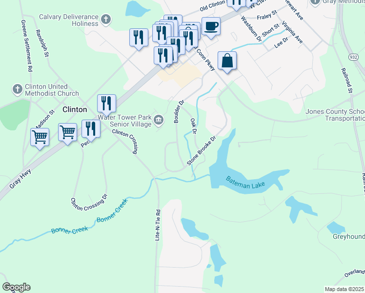 map of restaurants, bars, coffee shops, grocery stores, and more near 1095 Boulder Drive in Gray