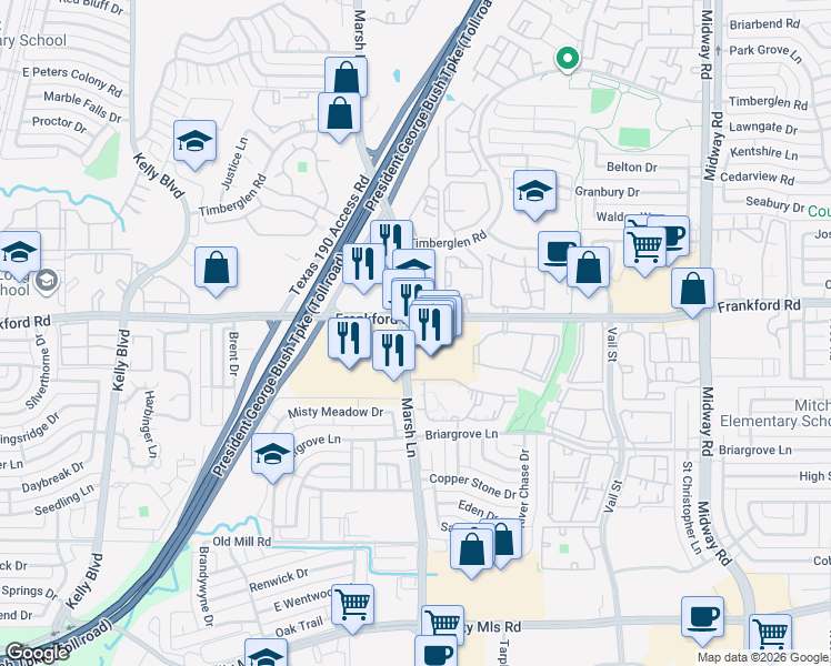 map of restaurants, bars, coffee shops, grocery stores, and more near 18078 Frankford Road in Dallas