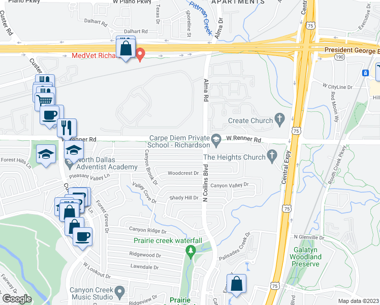 map of restaurants, bars, coffee shops, grocery stores, and more near 312 Forest Grove Drive in Richardson