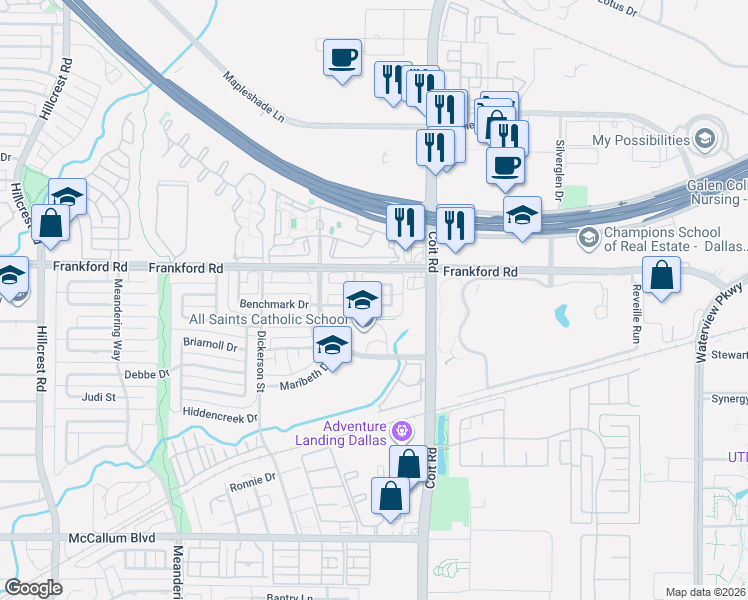 map of restaurants, bars, coffee shops, grocery stores, and more near 7704 Worthing Street in Dallas