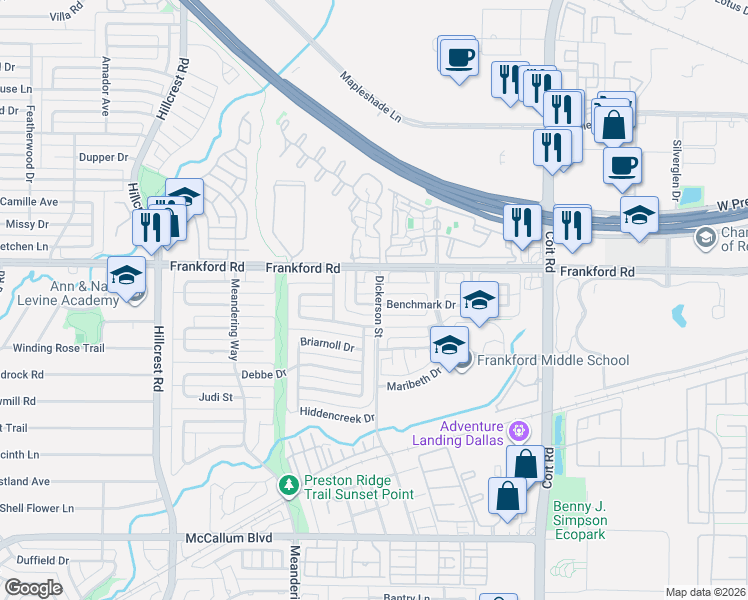 map of restaurants, bars, coffee shops, grocery stores, and more near 7412 Hour Glass Circle in Dallas