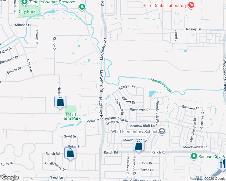map of restaurants, bars, coffee shops, grocery stores, and more near 3115 Ellington Drive in Sachse