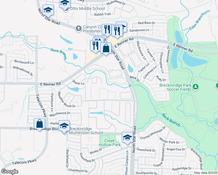 map of restaurants, bars, coffee shops, grocery stores, and more near 4000 East Renner Road in Richardson