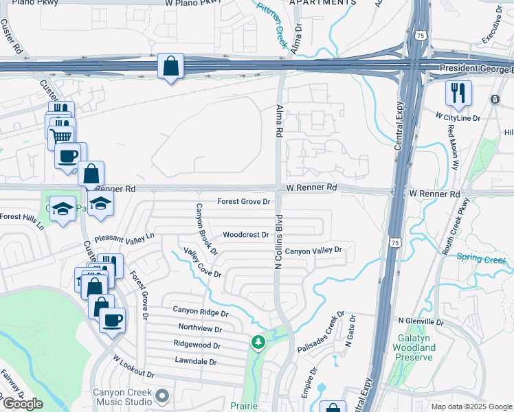 map of restaurants, bars, coffee shops, grocery stores, and more near 312 Forest Grove Drive in Richardson