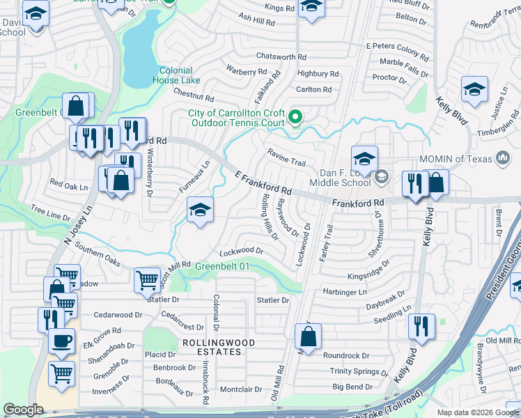 map of restaurants, bars, coffee shops, grocery stores, and more near 2948 Scott Mill Road in Carrollton