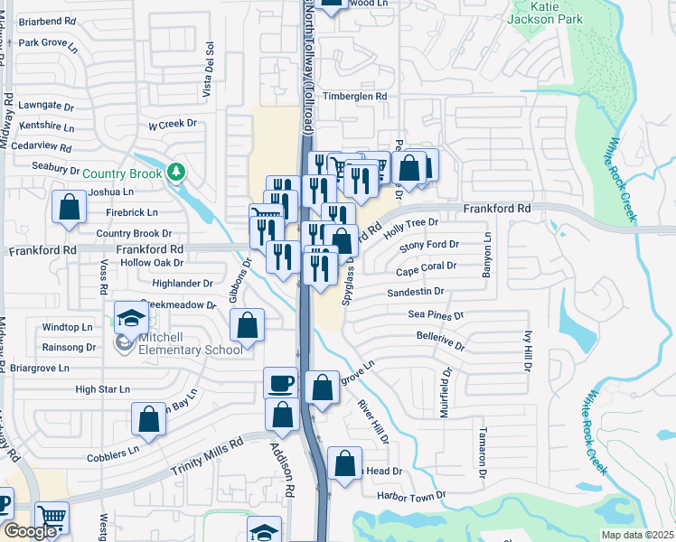 map of restaurants, bars, coffee shops, grocery stores, and more near 4610 Frankford Road in Dallas