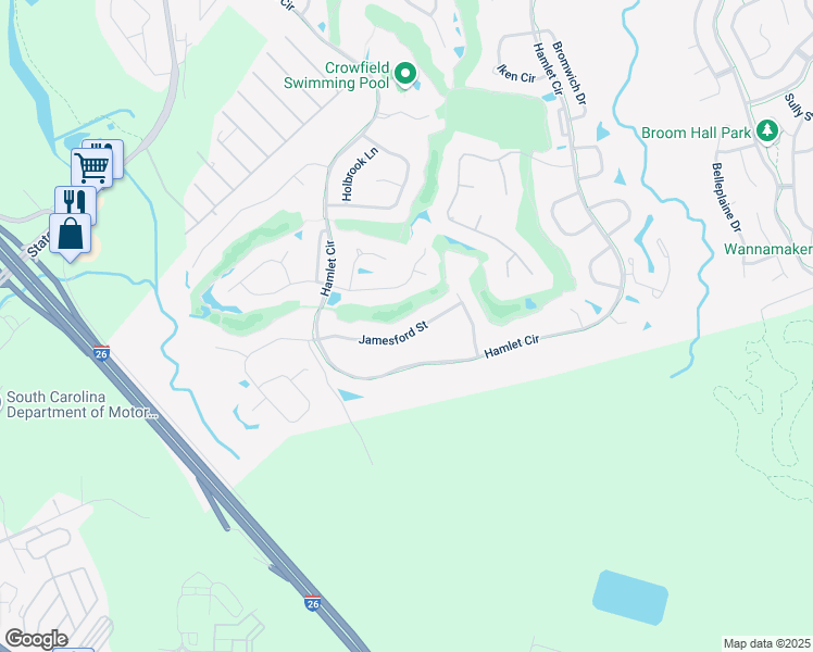 map of restaurants, bars, coffee shops, grocery stores, and more near 121 Jamesford Street in Goose Creek