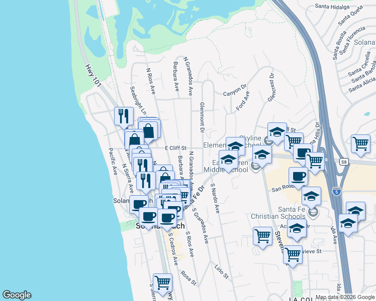 map of restaurants, bars, coffee shops, grocery stores, and more near in Solana Beach