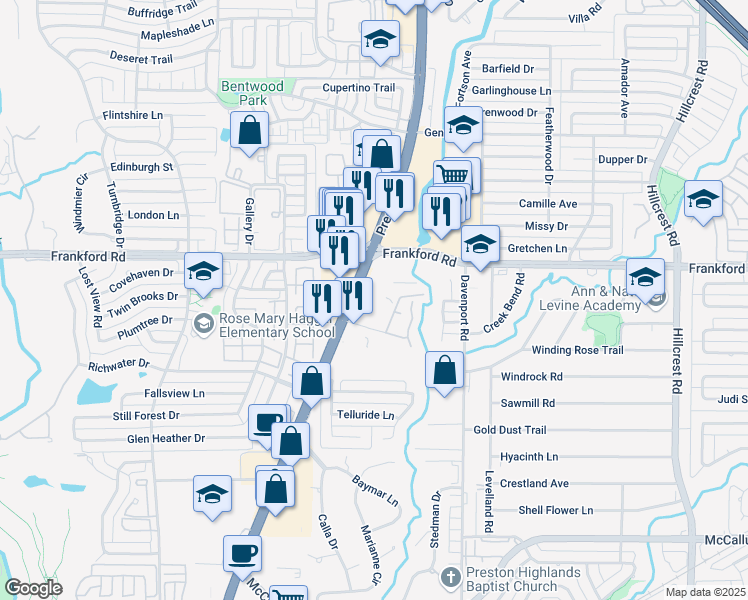 map of restaurants, bars, coffee shops, grocery stores, and more near 17950 Preston Road in Dallas