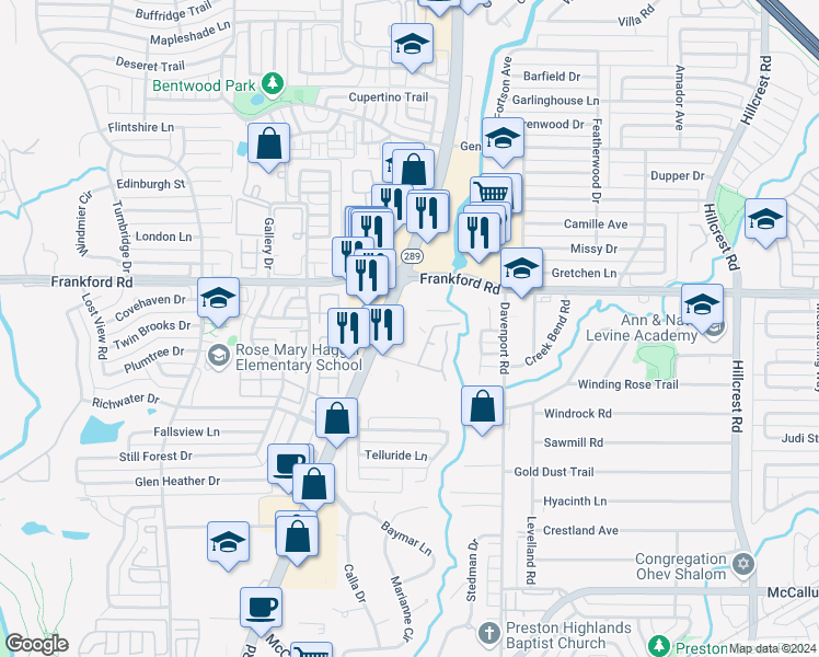 map of restaurants, bars, coffee shops, grocery stores, and more near 17960 Preston Road in Dallas