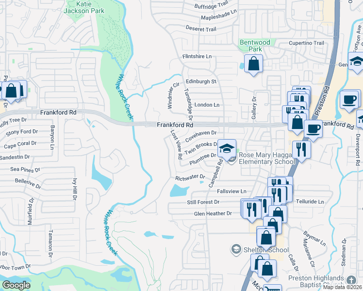 map of restaurants, bars, coffee shops, grocery stores, and more near 17907 Lost View Road in Dallas