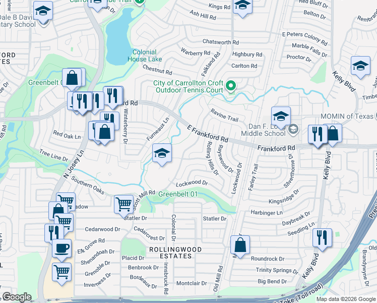 map of restaurants, bars, coffee shops, grocery stores, and more near 2948 Scott Mill Road in Carrollton
