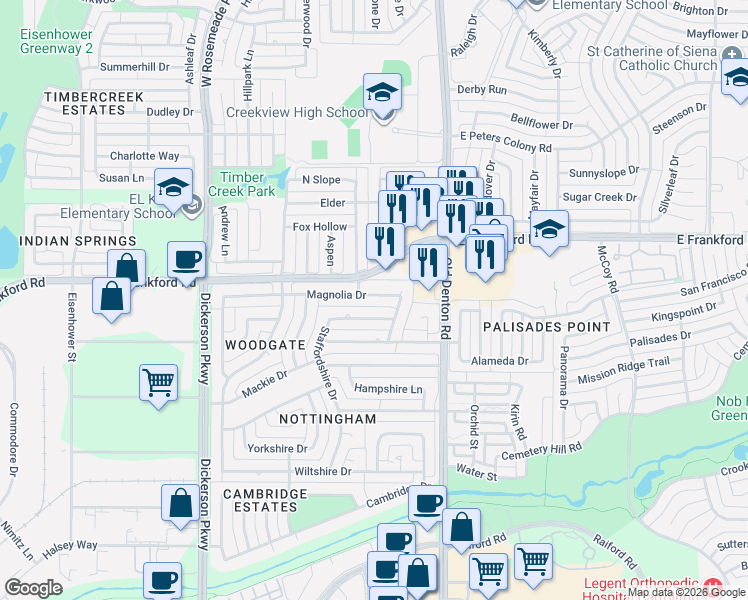 map of restaurants, bars, coffee shops, grocery stores, and more near 1034 Birch Drive in Carrollton