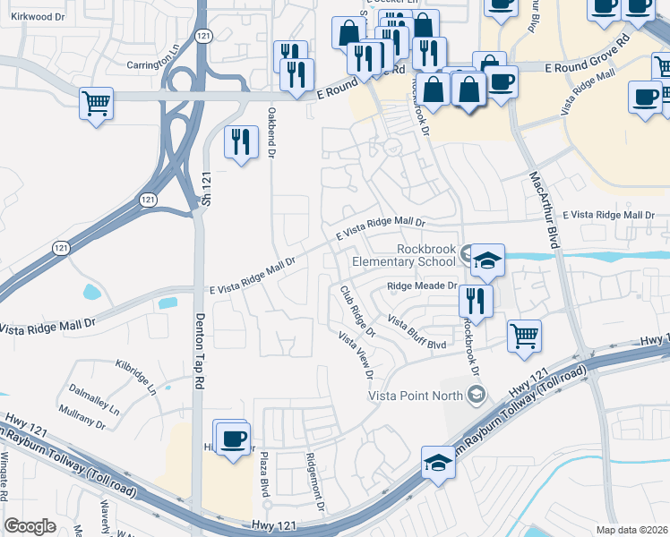 map of restaurants, bars, coffee shops, grocery stores, and more near 2700 Club Ridge Drive in Lewisville