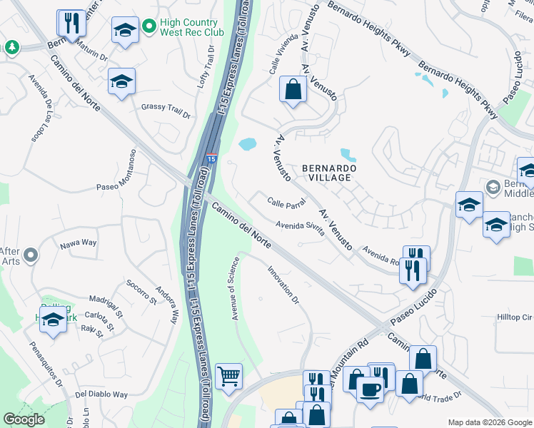 map of restaurants, bars, coffee shops, grocery stores, and more near 11774 Avenida Sivrita in San Diego