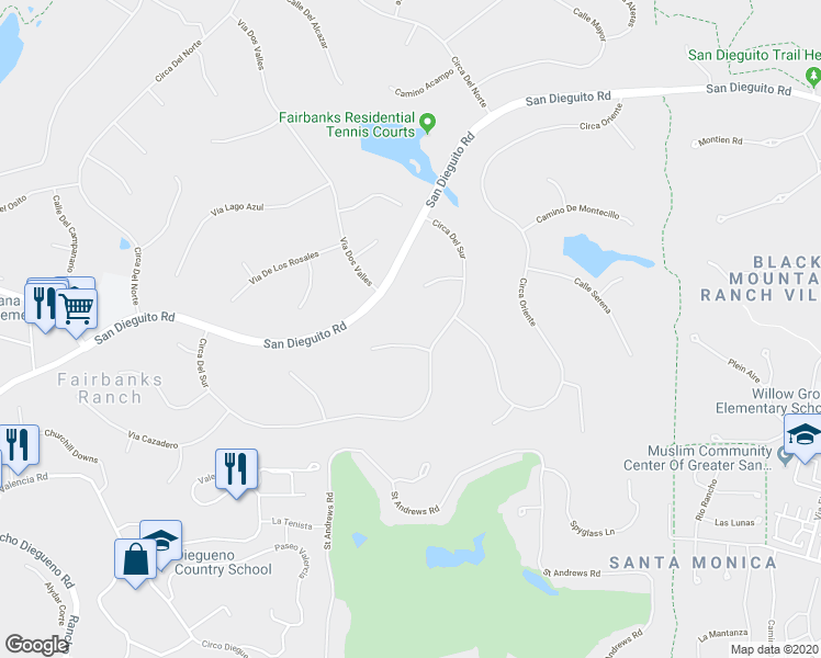 map of restaurants, bars, coffee shops, grocery stores, and more near 16772 Camino Sierra Del Sur in Del Mar