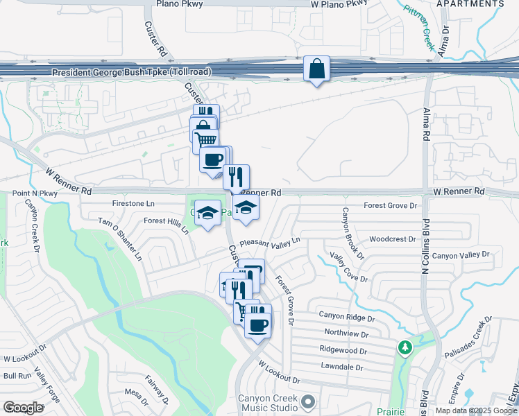 map of restaurants, bars, coffee shops, grocery stores, and more near 601 West Renner Road in Richardson