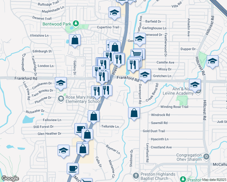 map of restaurants, bars, coffee shops, grocery stores, and more near 17950 Preston Road in Dallas