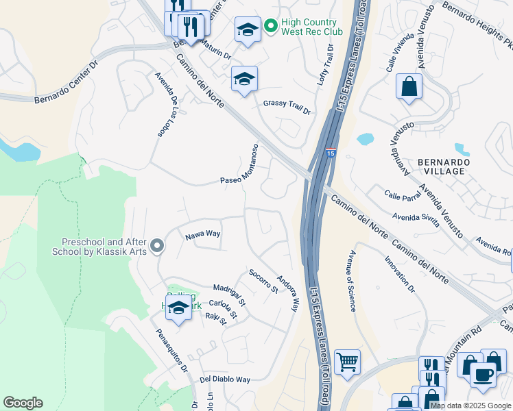 map of restaurants, bars, coffee shops, grocery stores, and more near 15576 Paseo Ajanta in San Diego