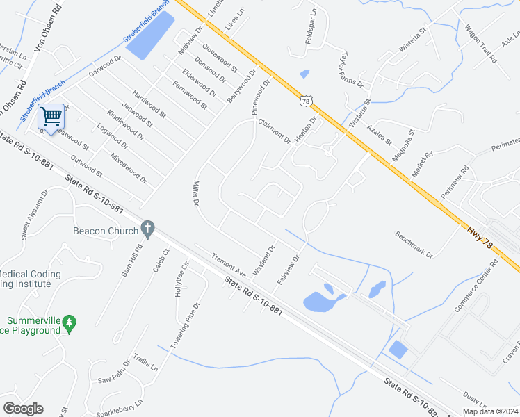 map of restaurants, bars, coffee shops, grocery stores, and more near 9870 Levenshall Drive in Ladson