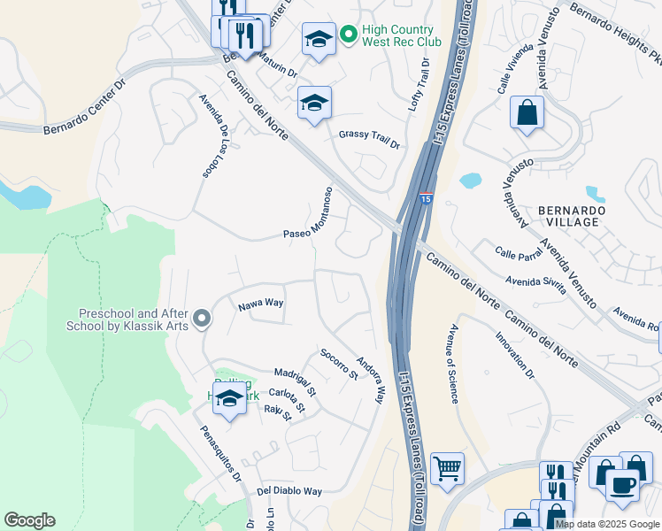 map of restaurants, bars, coffee shops, grocery stores, and more near 15576 Paseo Ajanta in San Diego