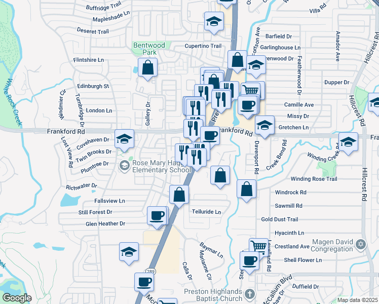 map of restaurants, bars, coffee shops, grocery stores, and more near 17931 Preston Road in Dallas