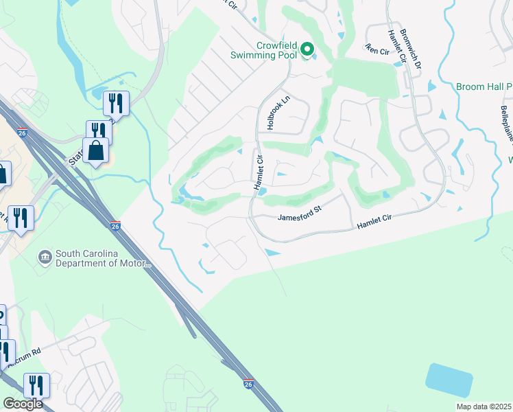 map of restaurants, bars, coffee shops, grocery stores, and more near 653 Hamlet Circle in Goose Creek