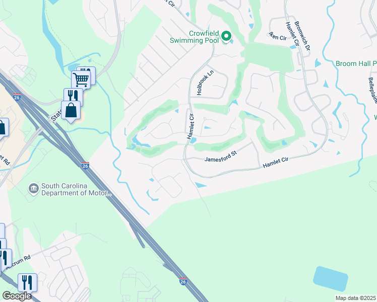 map of restaurants, bars, coffee shops, grocery stores, and more near 653 Hamlet Circle in Goose Creek