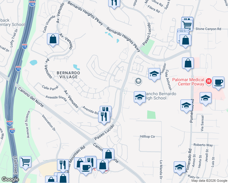 map of restaurants, bars, coffee shops, grocery stores, and more near 15498 Avenida Rorras in San Diego