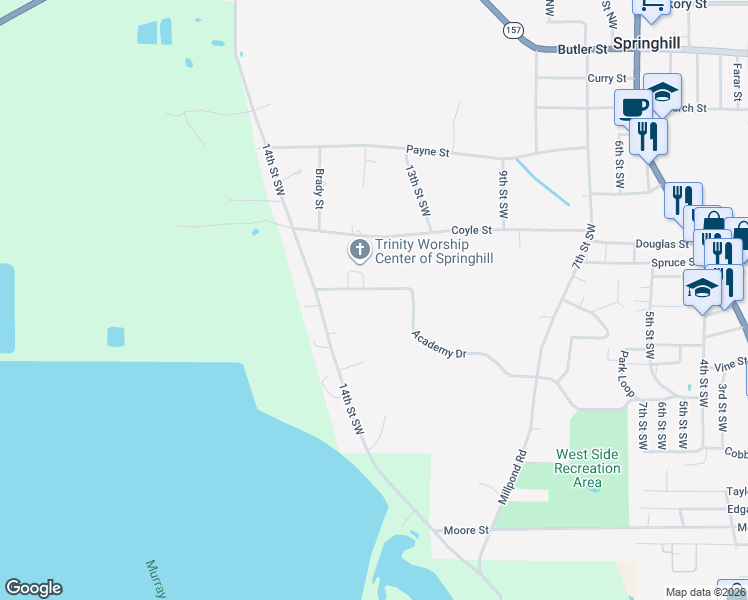 map of restaurants, bars, coffee shops, grocery stores, and more near 159 Academy Drive in Springhill