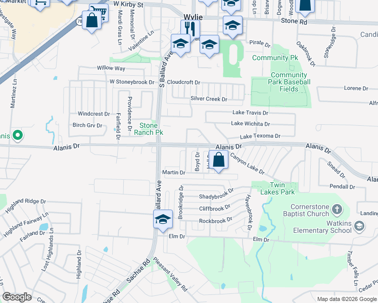 map of restaurants, bars, coffee shops, grocery stores, and more near 1100 Dodd Drive in Wylie