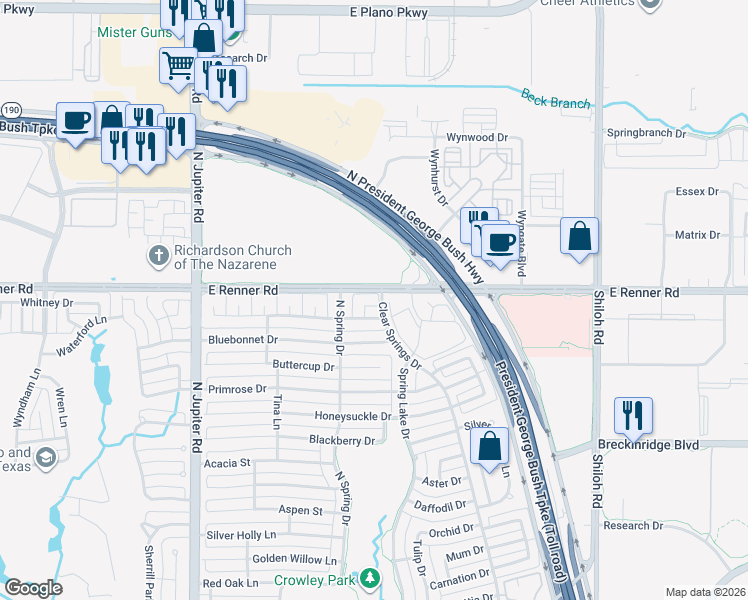 map of restaurants, bars, coffee shops, grocery stores, and more near 3307 Morning Glory Way in Richardson